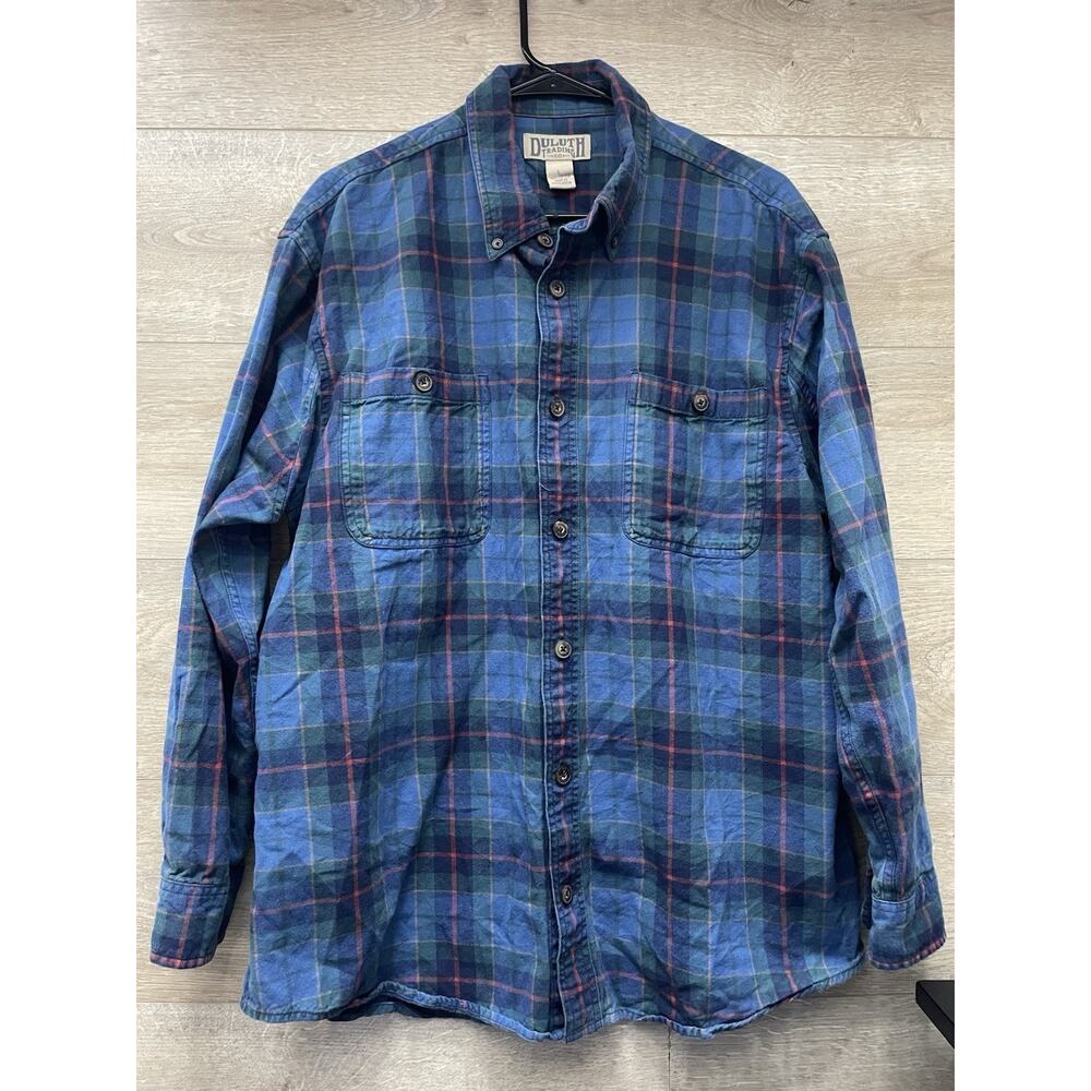 Mens Large Duluth Trading Company Flannel Plaid Long Sleeve Shirt Blue Green Red